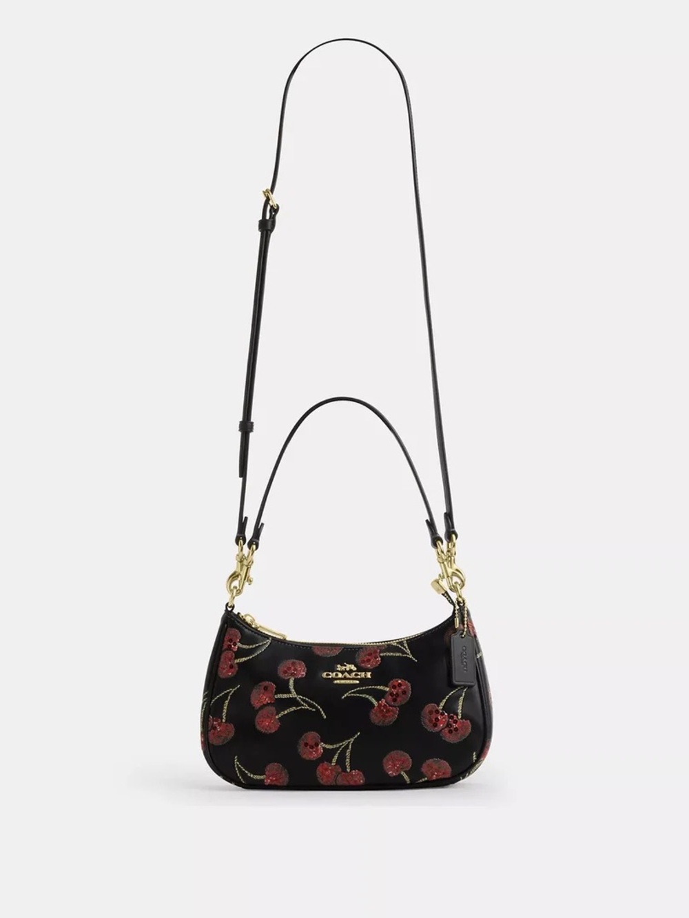 COACH Black Cherry-Print Mini Hobo Bag with Pink Accents